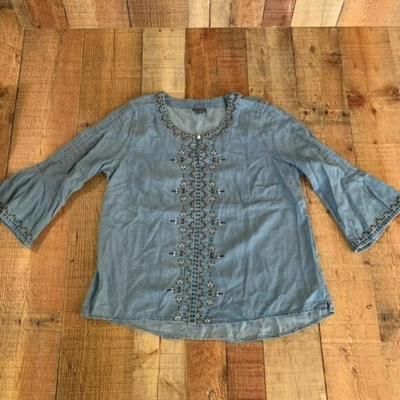 J. Jill womens denim 3/4 bell sleeve top with embroidered -SP - Picture 1 of 10